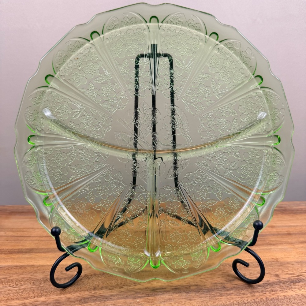 Jeannette Glass Cherry Blossom Green Uranium Glass 9" Divided Grill Plate VTG